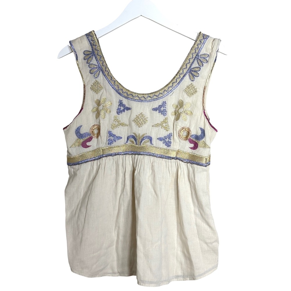 Christophe Sauvat Metallic Embroidered Boho‎ Beaded Babydoll Top Cream Medium